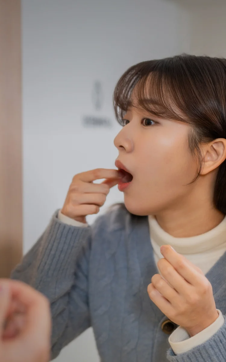 거울을 보며 입안 상태를 확인하는 여성