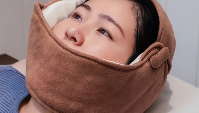 얼굴을 감싸는 온습열 찜질팩을 착용한 모습