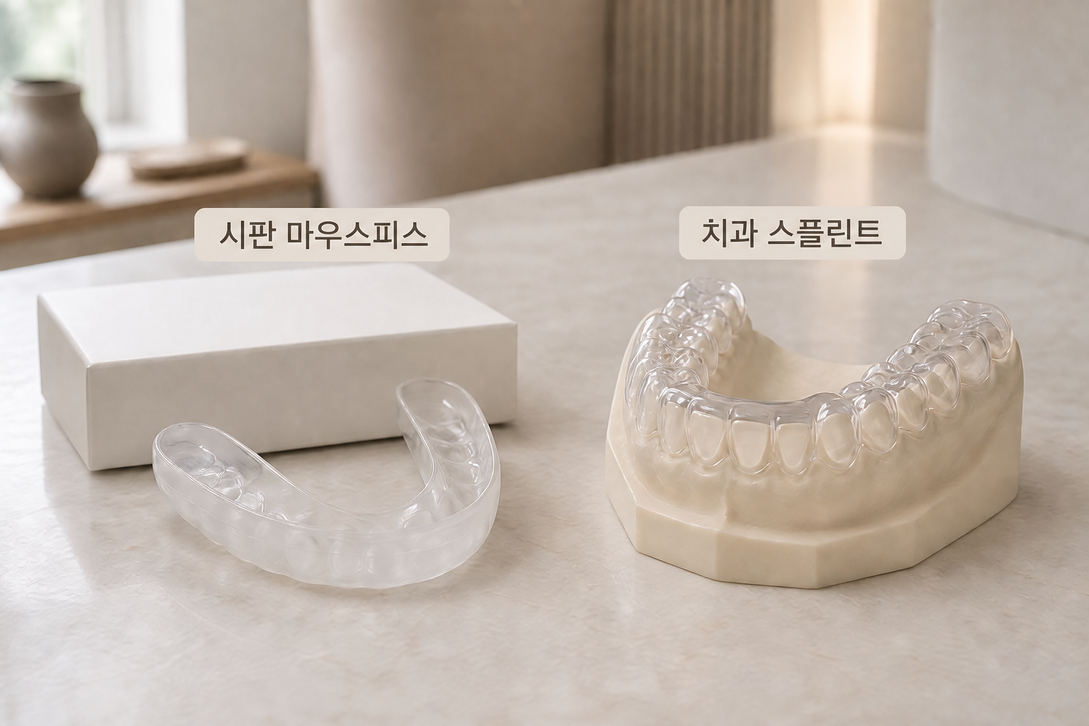 시판 마우스피스와 치과 스플린트를 나란히 비교한 모습.