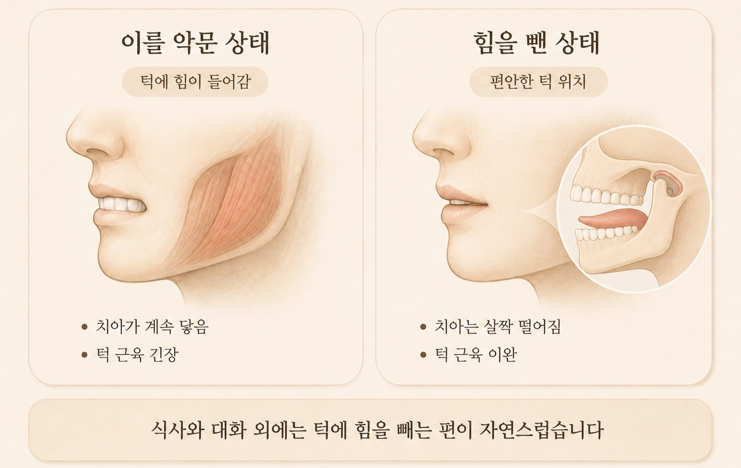 업무 중 이를 악문 상태와 턱에 힘을 뺀 상태 비교