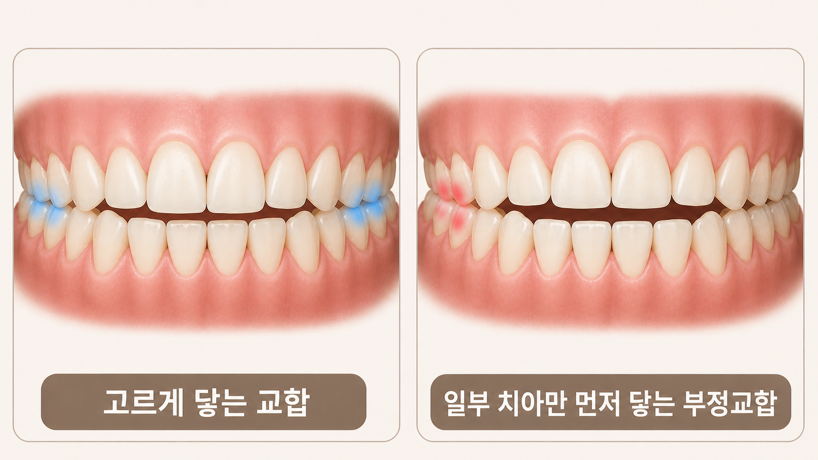 고른 교합과 일부 치아만 먼저 닿는 부정교합 비교.
