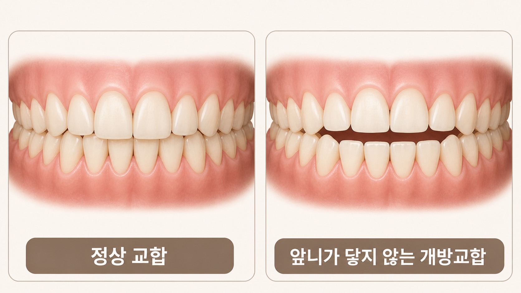 정상 교합과 앞니가 닿지 않는 개방교합 비교.