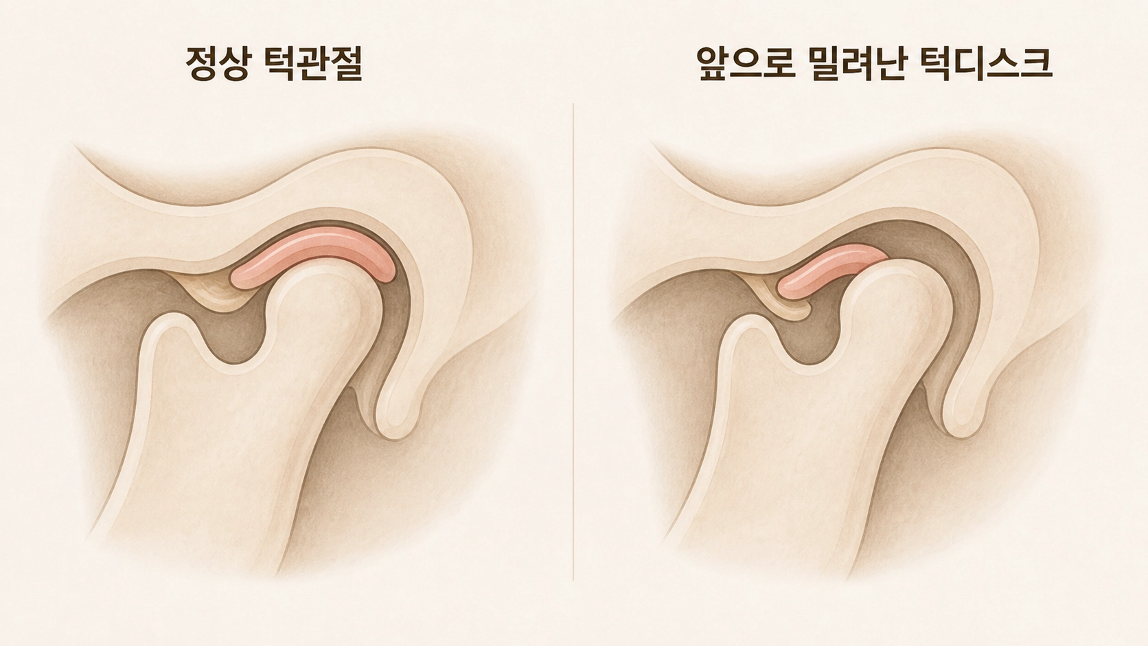 정상 턱관절과 앞으로 밀려난 턱디스크 비교