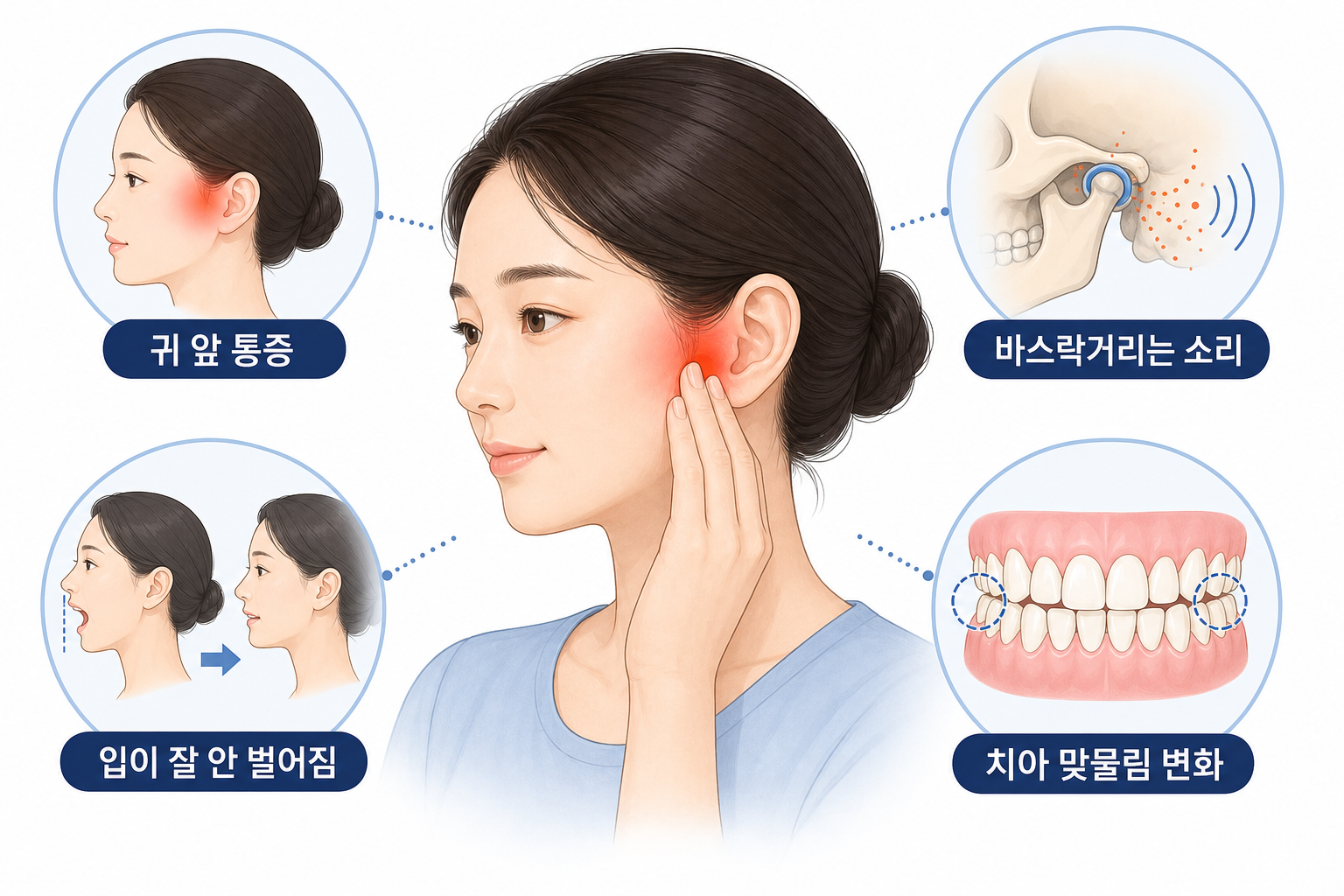 턱관절 골관절염으로 귀 앞 통증, 턱 소리, 입 벌림 장애, 치아 맞물림 변화를 겪는 여성.