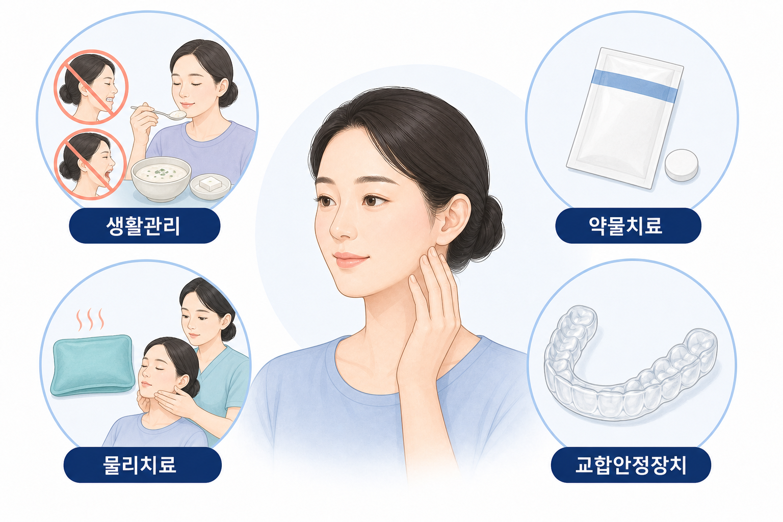 턱관절 골관절염의 생활관리, 약물치료, 물리치료, 교합안정장치 치료법을 안내함.