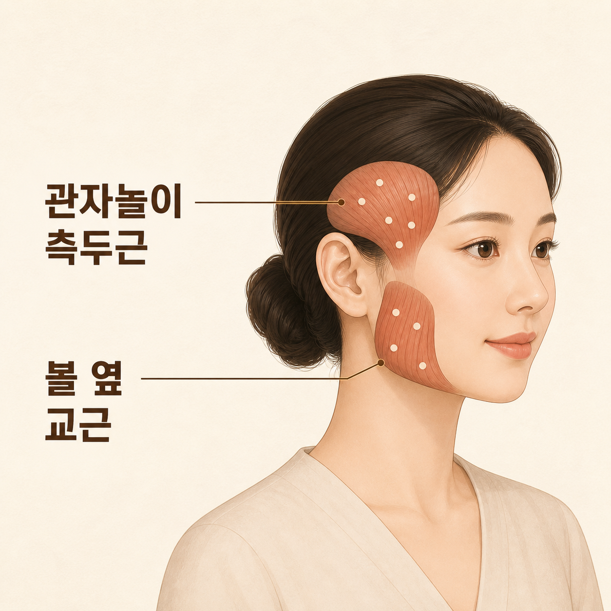 관자놀이 측두근과 볼 옆 교근의 위치와 주사 지점